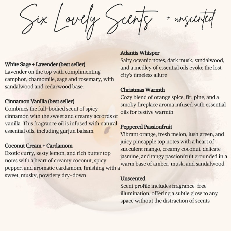 May include: Six different candle scents are listed with descriptions of their fragrance notes. The scents are White Sage + Lavender, Cinnamon Vanilla, Coconut Cream + Cardamom, Atlantis Whisper, Christmas Warmth, and Peppered Passionfruit. The text also includes an option for unscented candles.