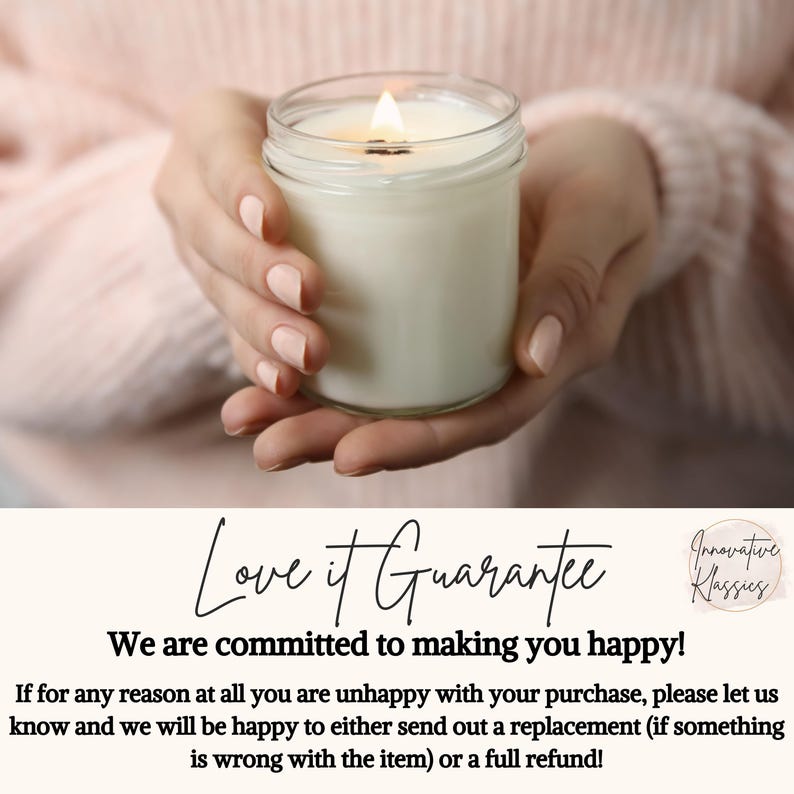 May include: A lit white candle in a clear glass jar. The candle is held by a person with light pink nail polish. The text "Love it Guarantee" is visible at the bottom of the image.