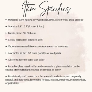 May include: Image of a product description titled "Item Specifics". The text details the candle's materials, size (2.8" x 3.5"), and burn time (50-60 hours). It also highlights the glossy label, scent options, and eco-friendly, reusable design.
