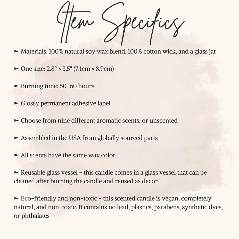 May include: Image of a product description titled "Item Specifics". The text details the candle's materials, size (2.8" x 3.5"), and burn time (50-60 hours). It also highlights the glossy label, scent options, and eco-friendly, reusable design.