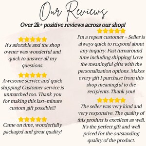 May include: A screenshot of a website displaying customer reviews for a shop. The reviews are all positive and praise the shop's quick response times, personalised gifts, and excellent customer service.