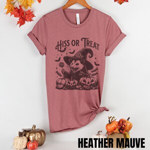 May include: A heather mauve t-shirt with a graphic of a possum wearing a witch hat and holding a lollipop. The text "Hiss or Treat" is printed above the possum.