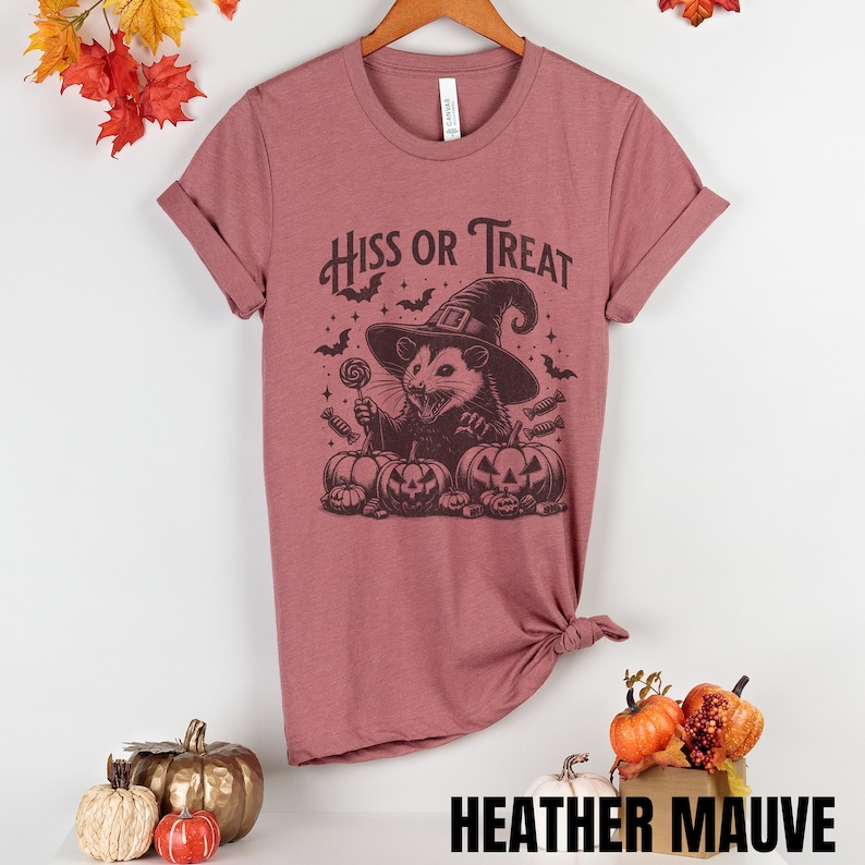 May include: A heather mauve t-shirt with a graphic of a possum wearing a witch hat and holding a lollipop. The text "Hiss or Treat" is printed above the possum.