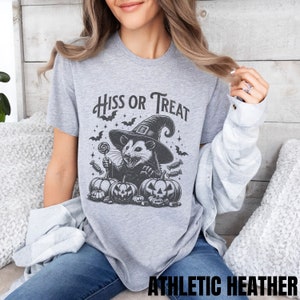 May include: Gray t-shirt with a black and white illustration of a possum wearing a witch hat and holding a lollipop. The text "Hiss or Treat" is above the possum.