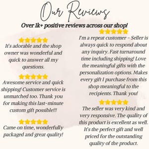 May include: A screenshot of positive customer reviews for an Etsy shop. The reviews highlight the shop owner's responsiveness, quick shipping, and the quality of the products. The text includes phrases like "adorable", "wonderful", "awesome service", "unmatched", "meaningful gifts", "personalization options", "kind", "responsive", "perfect gift", and "outstanding quality".