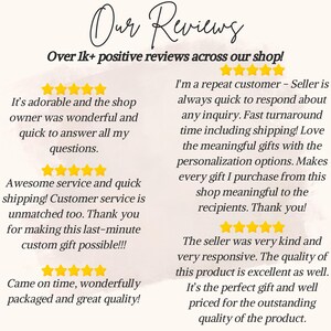 May include: A collage of positive customer reviews for a shop selling personalized gifts. The reviews highlight the shop owner's responsiveness, quick shipping, and the high quality of the products.