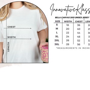 May include: A white unisex jersey tee shirt with size chart showing width, chest, and length measurements in inches.