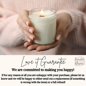 May include: A lit candle in a clear glass jar with a white label that reads "Love it Guarantee". The text below the label reads "We are committed to making you happy!"  The image also includes a small logo that reads "Innovative Classics".