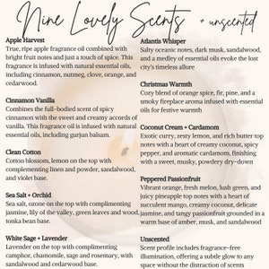 May include: Nine different essential oil blends are listed with descriptions of their scents. The scents include Apple Harvest, Cinnamon Vanilla, Clean Cotton, Sea Salt + Orchid, White Sage + Lavender, Atlantis Whisper, Christmas Warmth, Coconut Cream + Cardamom, Peppered Passionfruit, and Unscented.