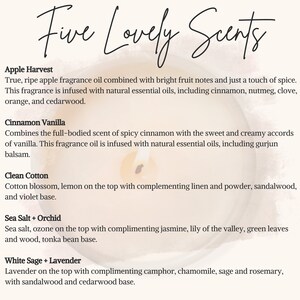 May include: Five Lovely Scents candle label with descriptions of different scents, including Apple Harvest, Cinnamon Vanilla, Clean Cotton, Sea Salt + Orchid, and White Sage + Lavender.