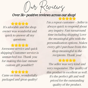 May include: Image of customer reviews with text that reads "Our Reviews" and "Over 3k+ positive reviews across our shop!". The reviews are positive and include phrases like "adorable", "awesome service", and "great quality".
