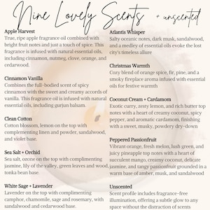 May include: Nine different essential oil blends are listed with descriptions of their scents. The scents include Apple Harvest, Cinnamon Vanilla, Clean Cotton, Sea Salt + Orchid, White Sage + Lavender, Atlantis Whisper, Christmas Warmth, Coconut Cream + Cardamom, Peppered Passionfruit, and Unscented.