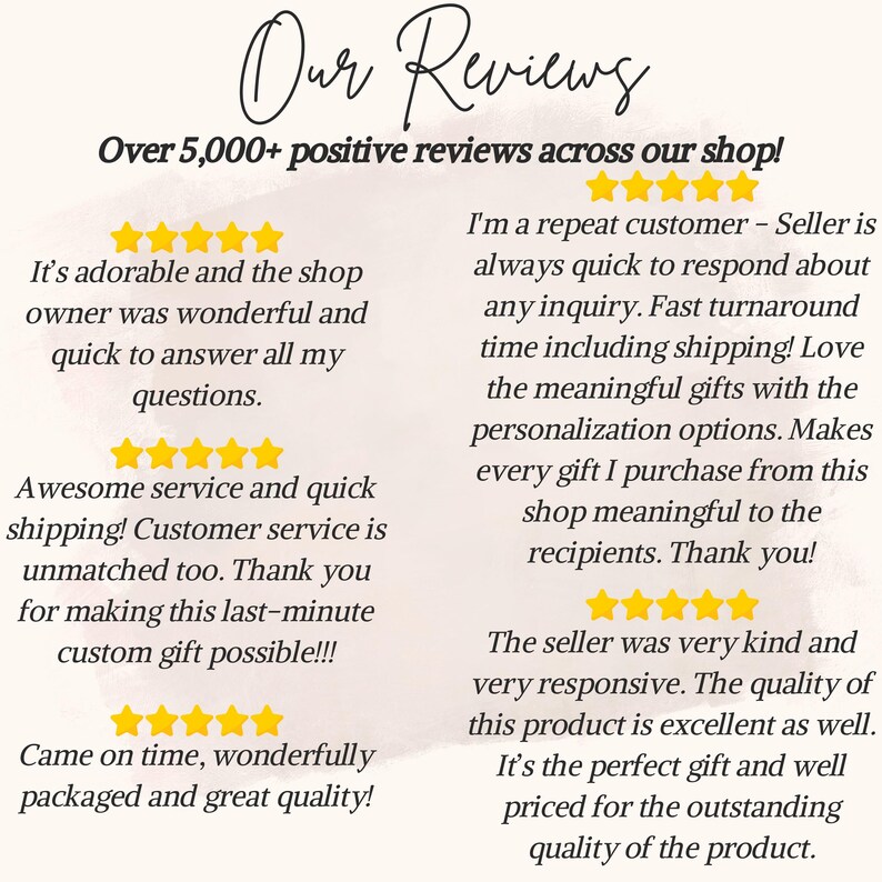 Puede incluir: Una pantalla gr&aacute;fica titulada Our Reviews con el texto Over 5,000+ positive reviews across our shop! que presenta cinco estrellas amarillas sobre varios testimonios de clientes que elogian al vendedor, el servicio y la calidad.