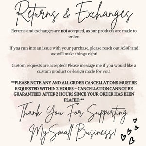 Op de afbeelding: Een roze en witte afbeelding met de tekst "Returns & Exchanges" en informatie over retourzendingen, omruilingen en annuleringen van bestellingen. De tekst zegt ook "Thank You For Supporting My Small Business!" met hartjes.