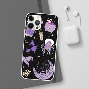 May include: A white iPhone case with a black background and a purple and white design featuring a witch, a cauldron, a crescent moon, stars, and other witchy elements.