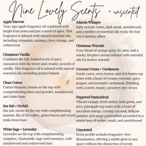 May include: Nine different candle scents are listed with descriptions of their fragrance notes. The scents are: Apple Harvest, Cinnamon Vanilla, Clean Cotton, Sea Salt + Orchid, White Sage + Lavender, Atlantis Whisper, Christmas Warmth, Coconut Cream + Cardamom, Peppered Passionfruit, and Unscented.