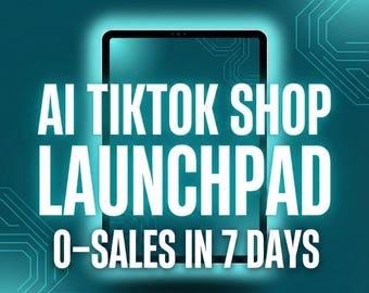 Puede incluir: Gráfico digital con el texto "AI TIKTOK SHOP LAUNCHPAD" en blanco sobre un fondo turquesa. Debajo, se muestra el texto "0-SALES IN 7 DAYS". El diseño incluye patrones similares a circuitos.
