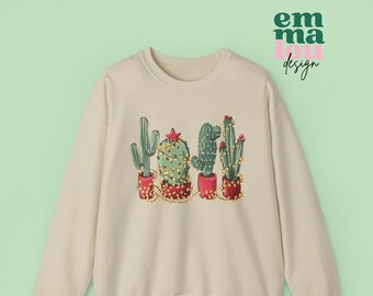 Cactus Christmas Lights Plant Lover Christmas Unisex Sweatshirt, Plant Mom Holiday Sweatshirt, Cactus Christmas Sweatshirt