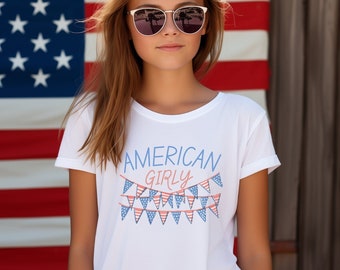 Fourth of July kids shirt, American Girly, patriotic, American Flags, red, white, blue, youth shirt, independence day, 4th of July
