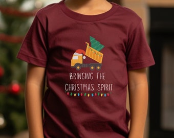 Bringing the Christmas Spirit, Christmas tree, Christmas lights, dump truck, Santa hat , kids Christmas shirt, Christmas spirit, holiday
