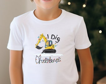 I Dig Christmas shirt, Christmas shirt, kids shirt, excavator, christmas lights, snow, Christmas kids shirt, Christmas tree, boy and girl