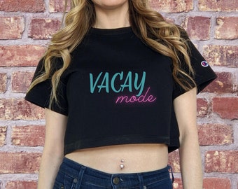 Vacay mode cropped tee, crop shirt, retro, neon sign, vacation shirt, cute crop, travel, vacay, teal and pink, summer trip, black and white