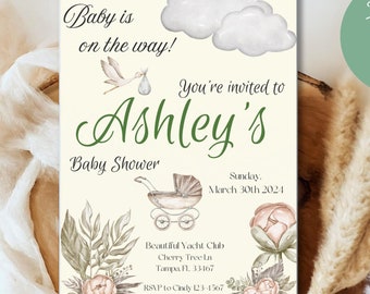 Uitnodiging babyshower, bewerkbaar, Baby is onderweg, neutrale kleuren, ooievaar, bewerkbaar canvas, print, bloemen, jongen of meisje, kinderwagen