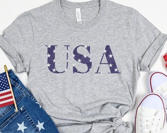 USA shirt, Fourth of July shirt, stars and stripes, navy and white stars, independence day, fireworks, red, white, blue, grey, patriotic