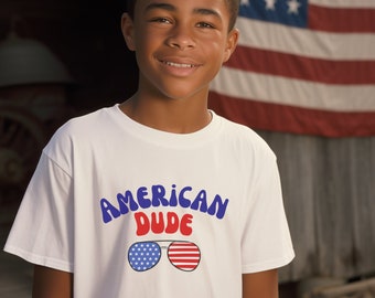 Fourth of July kids shirt, American Dude, patriotic, sunglasses, red, white, blue, youth shirt, independence day, 4th of July, America