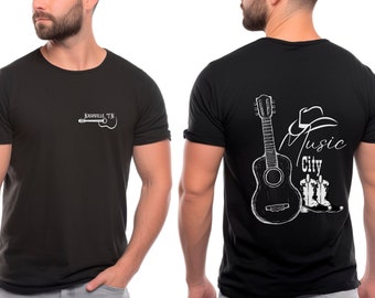 Men or women's Nashville shirt, unisex tee, Music City, guitar, cowboy boots, cowboy hat, country music, black tee, Tennessee, Nashville