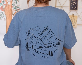 Adventure Tshirt, adventure awaits, Let's Wander, Mountains, hiking, nature lover tee, front back, camper shirt, camping, travel, outdoors