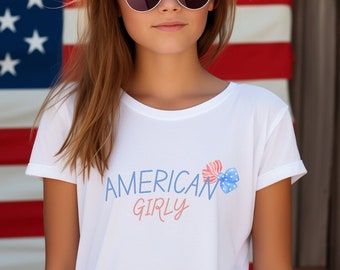 Fourth of July kids shirt, American Girly, patriotic, bow, red, white, blue, youth shirt, independence day, 4th of July, American bow