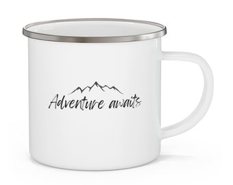 Camping mug, Adventure awaits, mountains, camping, Enamel mug, hiking, campfire, wild, wilderness, indoors, outdoors, coffee, tea, campers