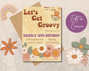 Let's Get Groovy verjaardagsuitnodiging, verjaardagsuitnodiging, boho, groovy, retro, 70's 60's, hippievibes, bohobloemen, regenboog, tribal prints,