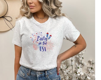 Party in the USA shirt, Fourth of July shirt, stars and stripes, rockets, independence day, fireworks, red, white, blue, grey, patriotic