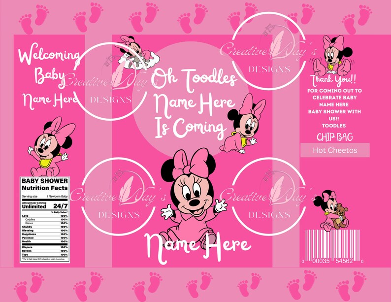 Pu&ograve; includere: Sacchetto di patatine per baby shower rosa e bianco con un personaggio di topo dei cartoni animati. Il sacchetto ha il testo "Oh Toodles Name Here Is Coming" e "Welcoming Baby Name Herd".