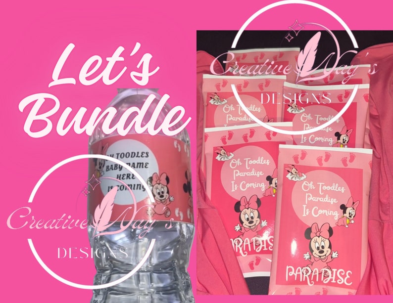 Pu&ograve; includere: Un set di bomboniere per baby shower rosa e bianco a tema Minnie Mouse. Il set include un'etichetta per bottiglia d'acqua, una borsa per bomboniere e un'etichetta per bomboniere. Le etichette e le etichette presentano un design rosa e bianco di Minnie Mouse con il testo "Oh Toodles Paradise Is Coming".