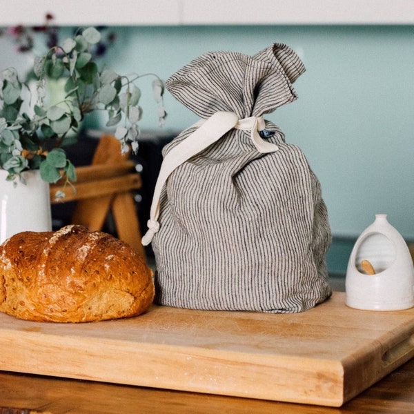 Linen Bread Bag - Hanmade in the UK - Stiped Navy & Beige