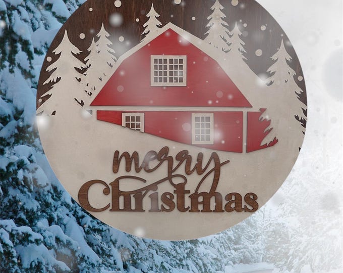 Merry Christmas | Front Door Decor | Christmas Wreath | Winter Door Hanger | Front Porch Sign | Wall Art Sign | Snow Covered Trees