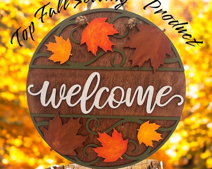 Welcome | Front Door Decor | Fall or Thanksgiving Door Hanger | Front Porch Sign | Wall Art | Fall Wreath | Maple Leaf