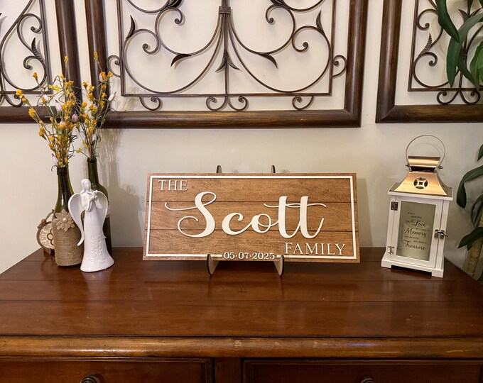 3D Custom Family Name Sign with Established Date – 24x10 Personalized Last Name Wood Sign – Wedding Gift, Housewarming, Rustic Home Decor