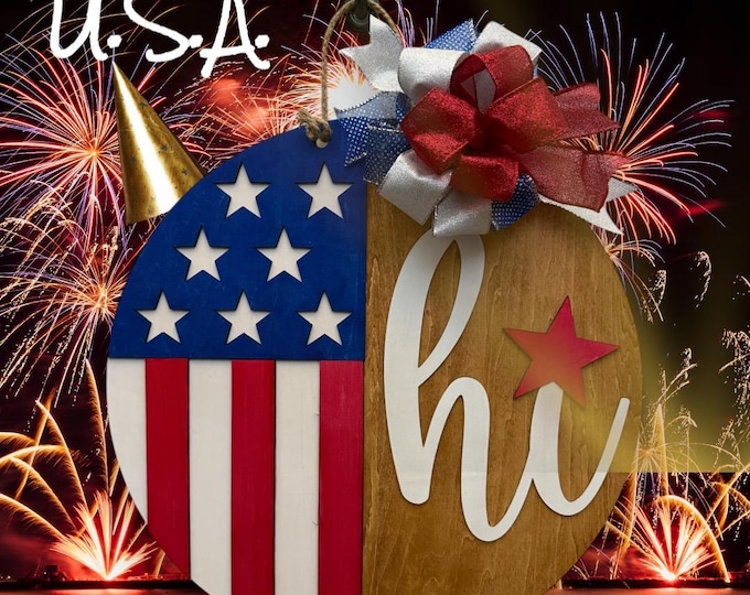 Patriotic “Hi” Door Hanger – 4th of July Front Door Decor – Handmade USA Welcome Sign – Red, White & Blue Home Decor – Optional Bow - DIY