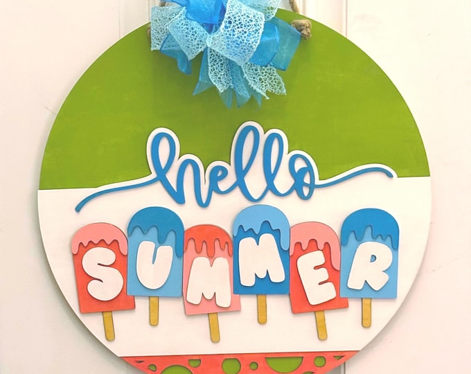 Hello Summer Door Hanger | Popsicle Welcome Sign | Front Door Decor | Handmade Sign with Bow | Bright Seasonal Home Decor | DIY Project
