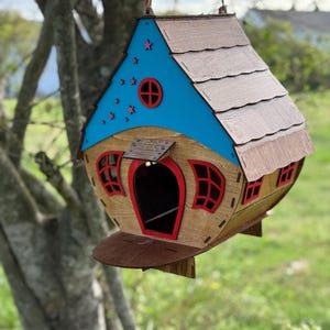 Handmade Laser Cut Birdhouse: Whimsical Wooden Garden Cottage
