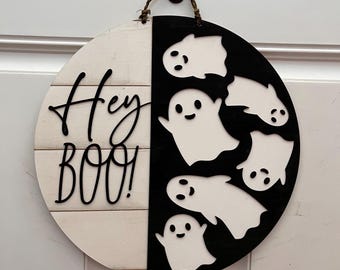 Hey BOO Ghost Door Hanger: Halloween Front Porch Decor
