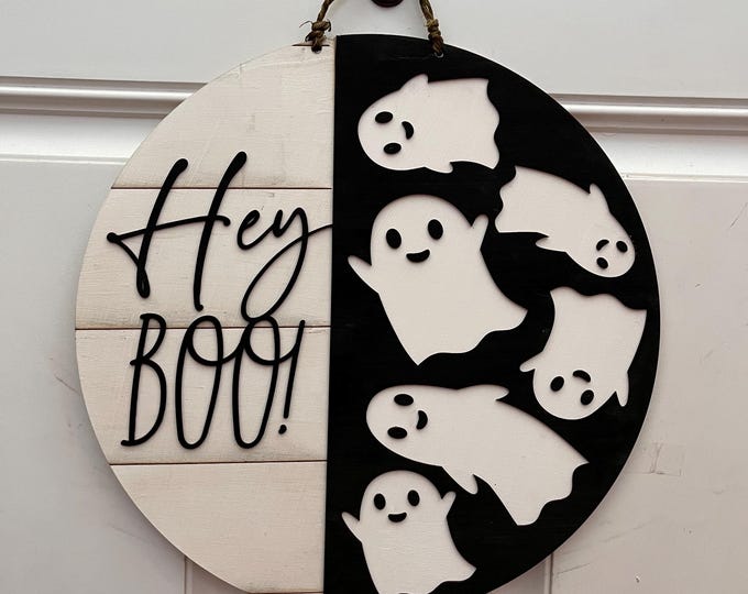 Hey BOO - Ghost - Front Door Decor - Halloween Door Hanger - Front Porch Sign - Wall Art - Wall Sign - Trick or Treat - Spooky - Black
