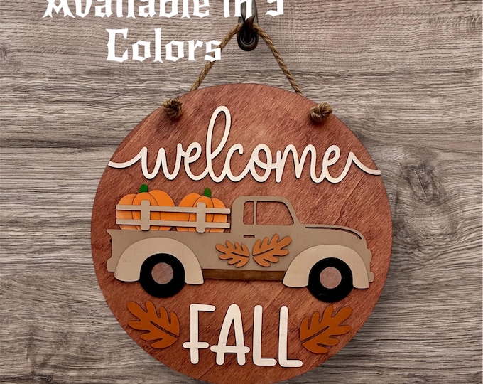 Welcome - Front Door Decor - Fall Truck Door Hanger - Front Porch Sign - Wall Art - Wall Sign - Maple Leaf