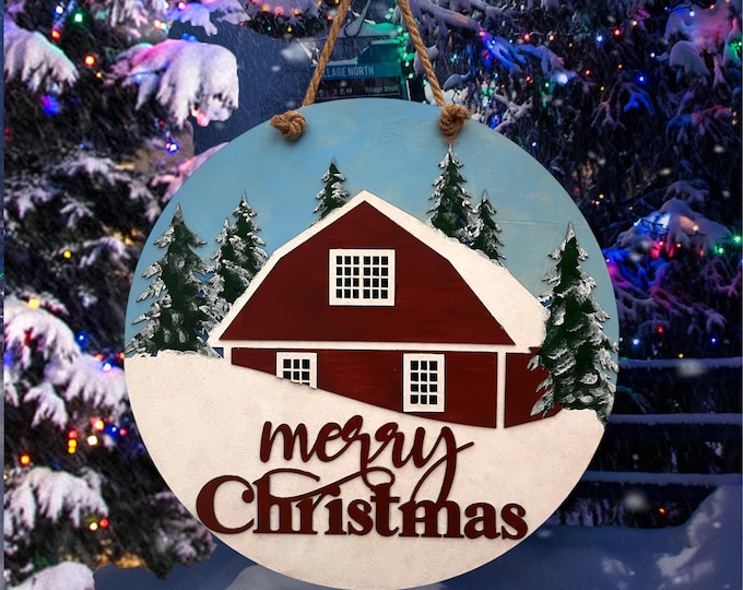 Merry Christmas Front Door Decor | Christmas Wreath | Front Porch Sign | Wall Art | Wall Sign | Snow Covered Barn | Snowy Scenes