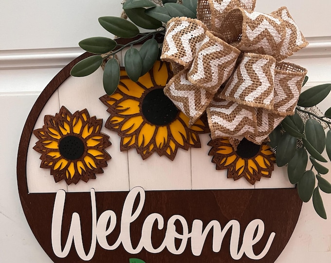 Welcome - Front Door Decor - Spring - Summer - Sunflowers Door Hanger - Front Porch Sign - Wall Art