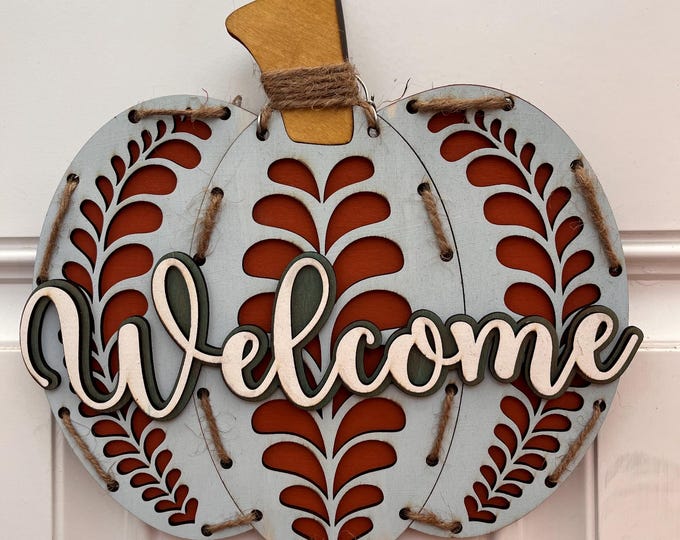 Welcome - Front Door Decor - Fall Pumpkin Door Hanger - Front Porch Sign - Wall Art - Wall Sign